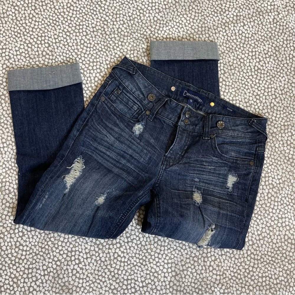 Denimology Dark Blue Distressed Cropped Jeans Mid Rise Size 5 - Picture 9 of 11
